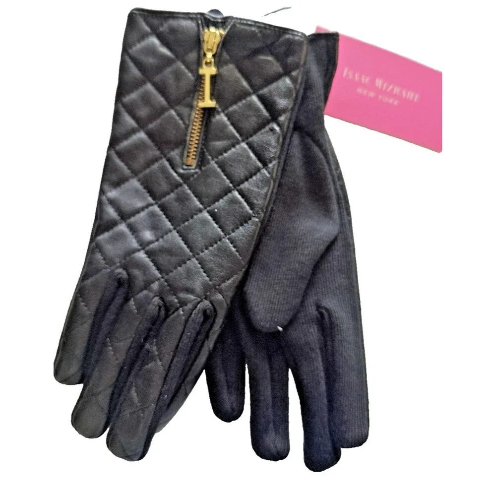 Isaac Mizrahi Ladies Gloves Size ML Genuine Leather Quilted Black Lined Zip Fron